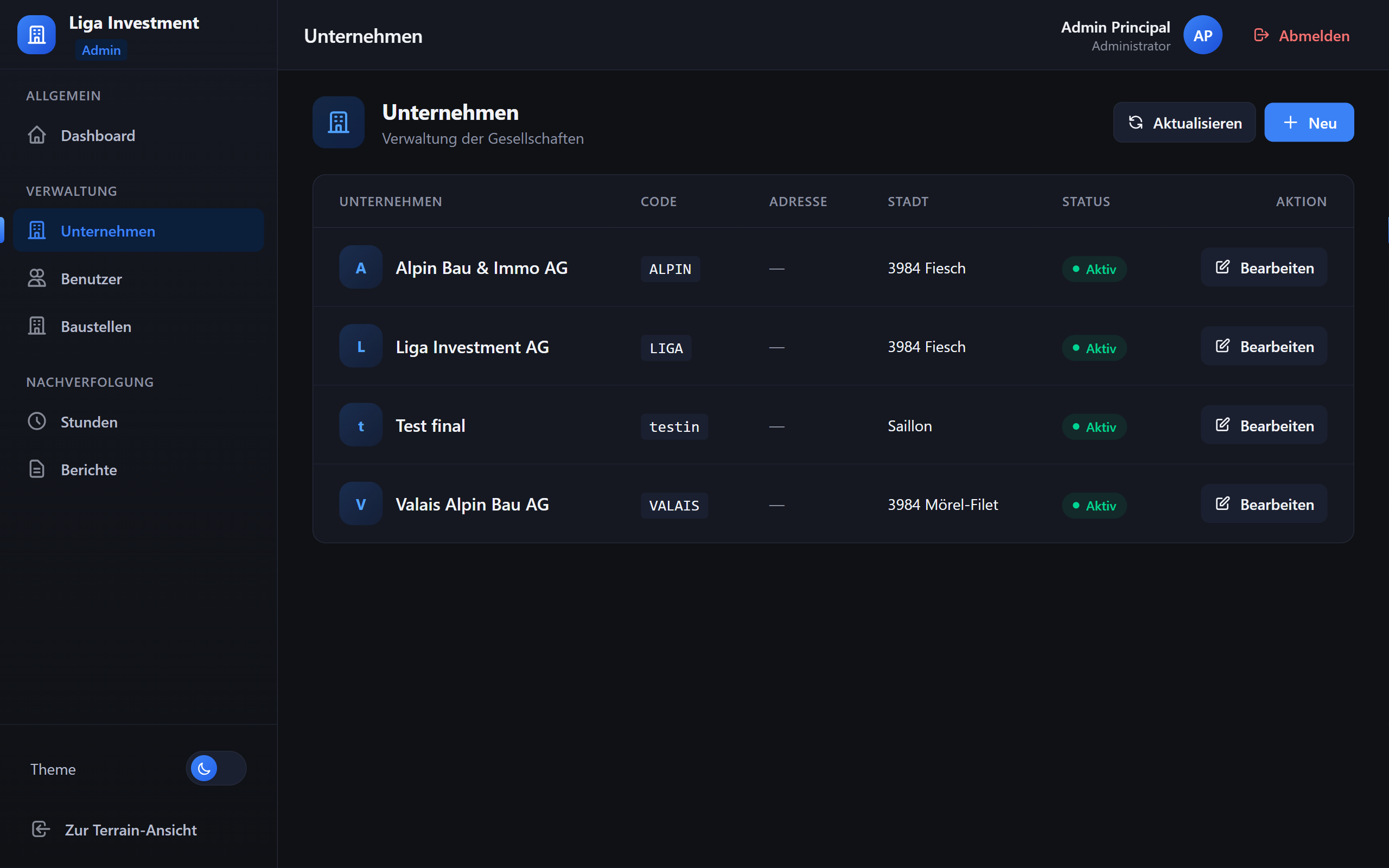 Application web entreprise Suisse — gestion centralisée multi-sociétés