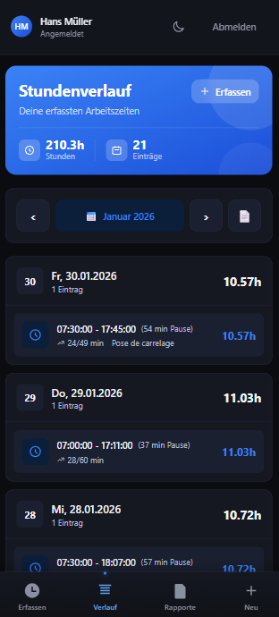 Application mobile chantier — historique des heures ouvrier